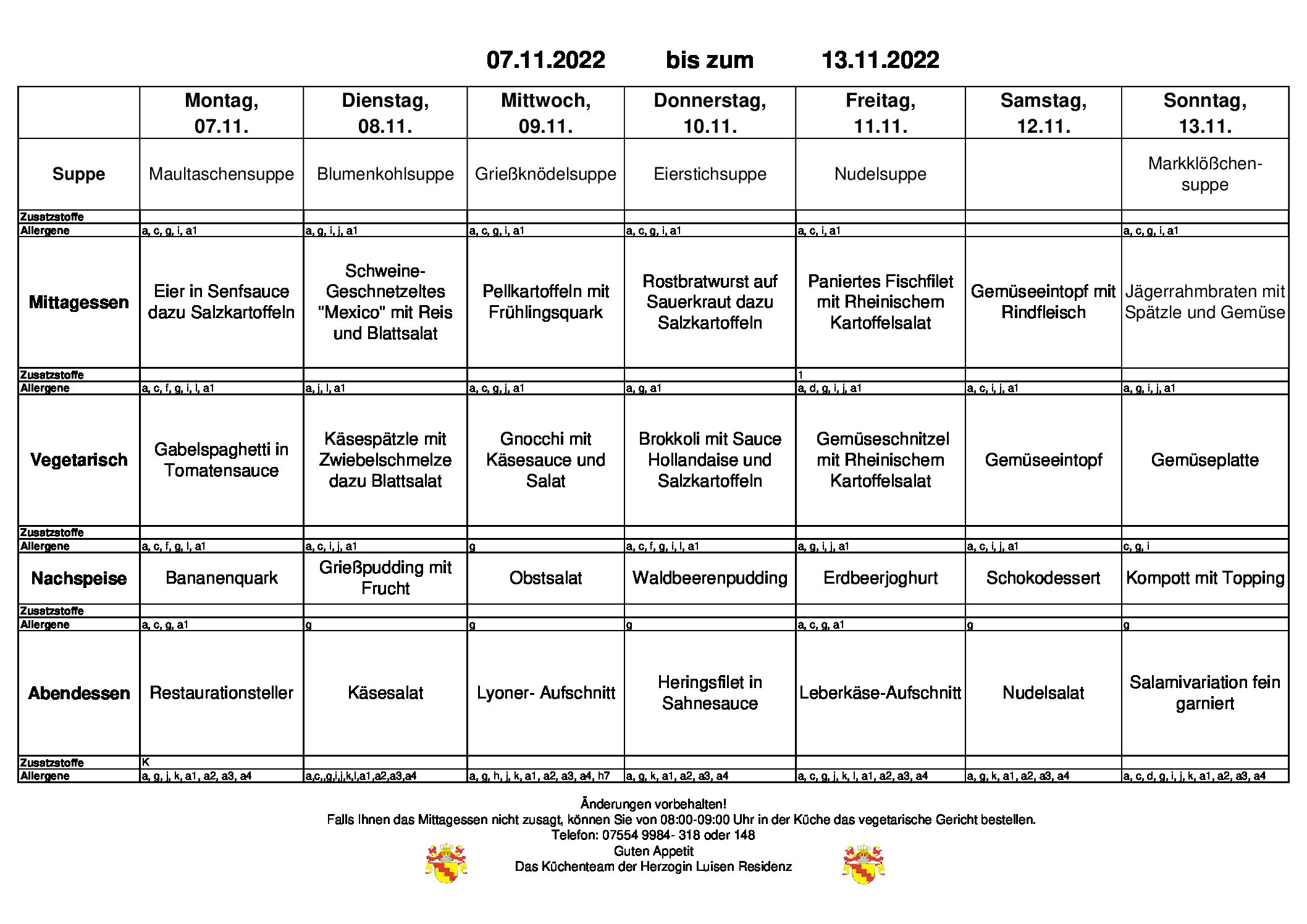 Speiseplan vom 07.11.202213.11.2022 Herzogin Luisen Residenz
